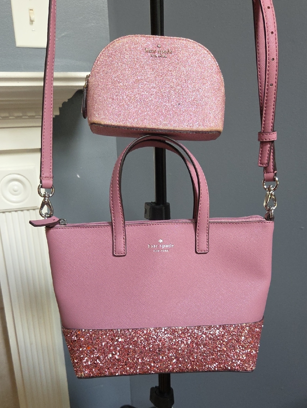 ✨️ Kate Spade Pink/rose Gold Glitter Bottom Purse & Makeup Bag Bundle ✨️